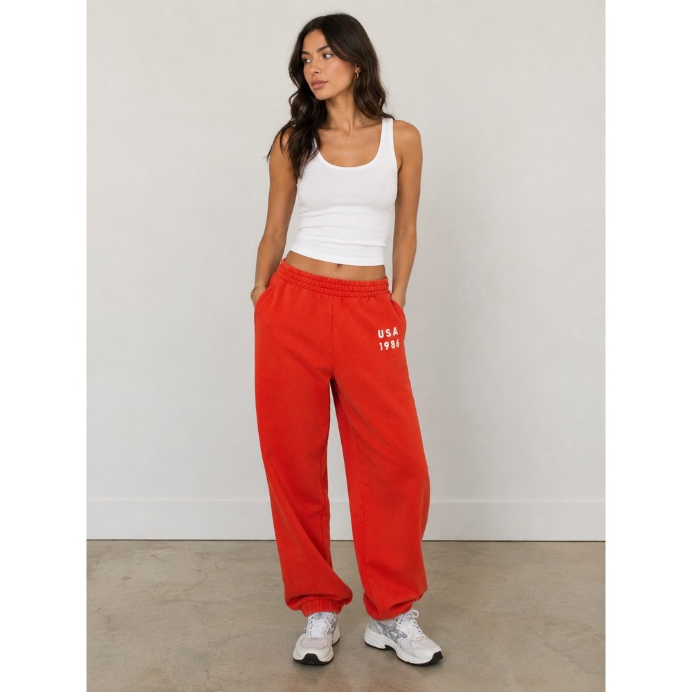 Zara Womens USA 1986 Graphic Jogger Sweatpants Red Size Small High Rise Fleece